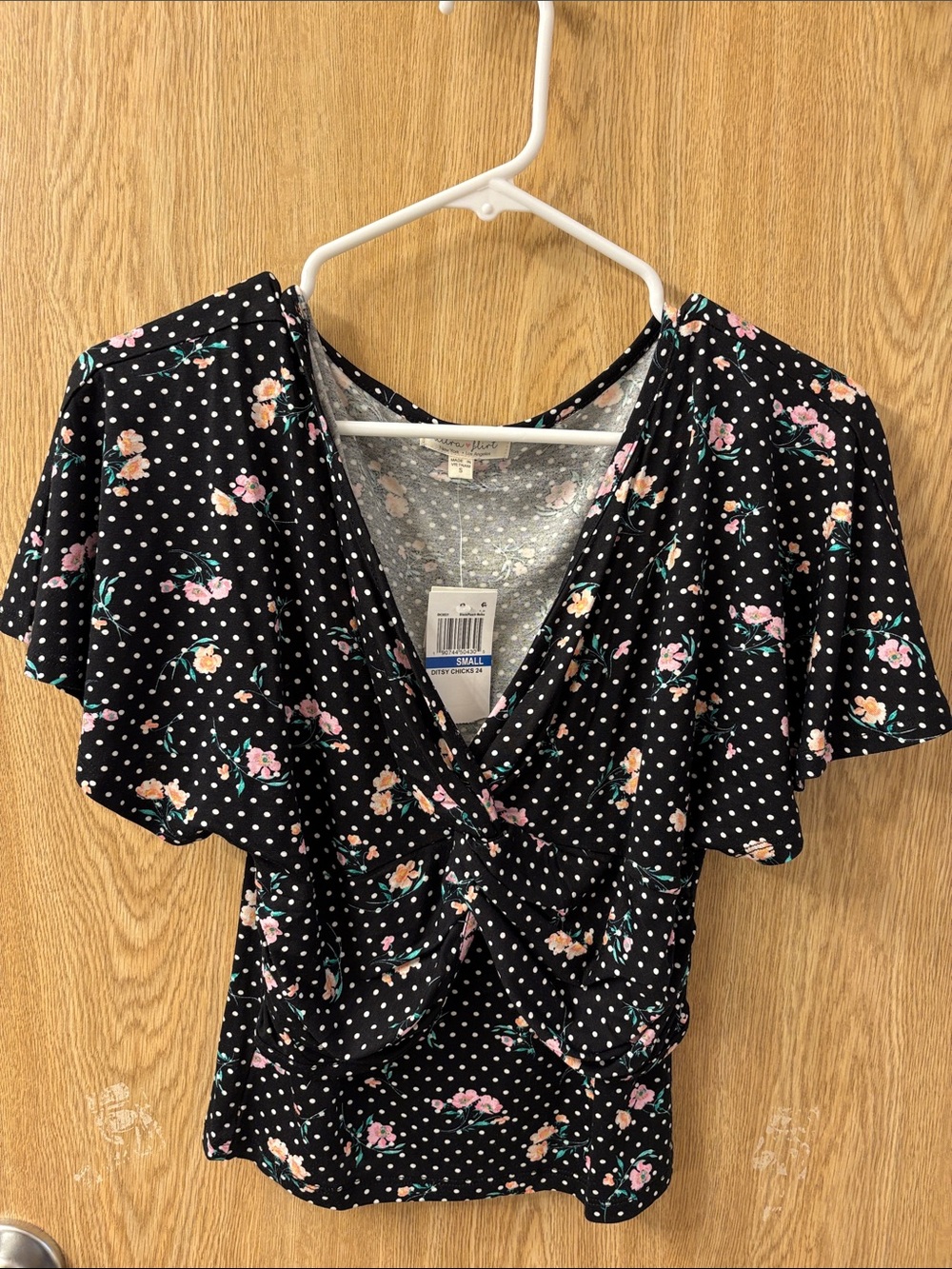 Black Floral Polka Dot Twist Front Top